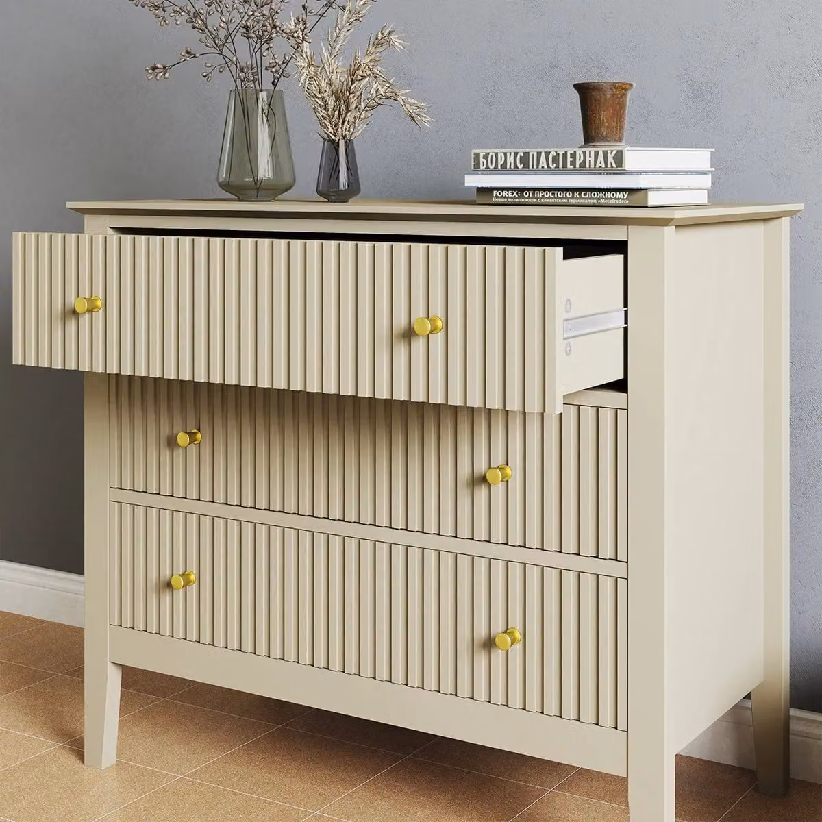 Melody Maison Hales Taupe Range Wide 3 Drawer Chest of Drawers and Pair of Large Bedside Tables in Beige