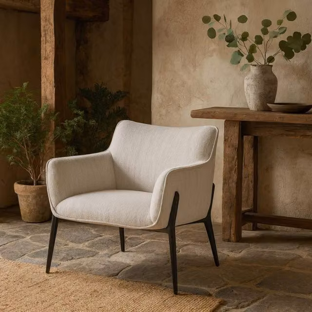 Wyld Haus Nashville White Fabric Upholstered Tub Accent Armchair with Black Metal Legs H 78 x W 67 x D 78 cm