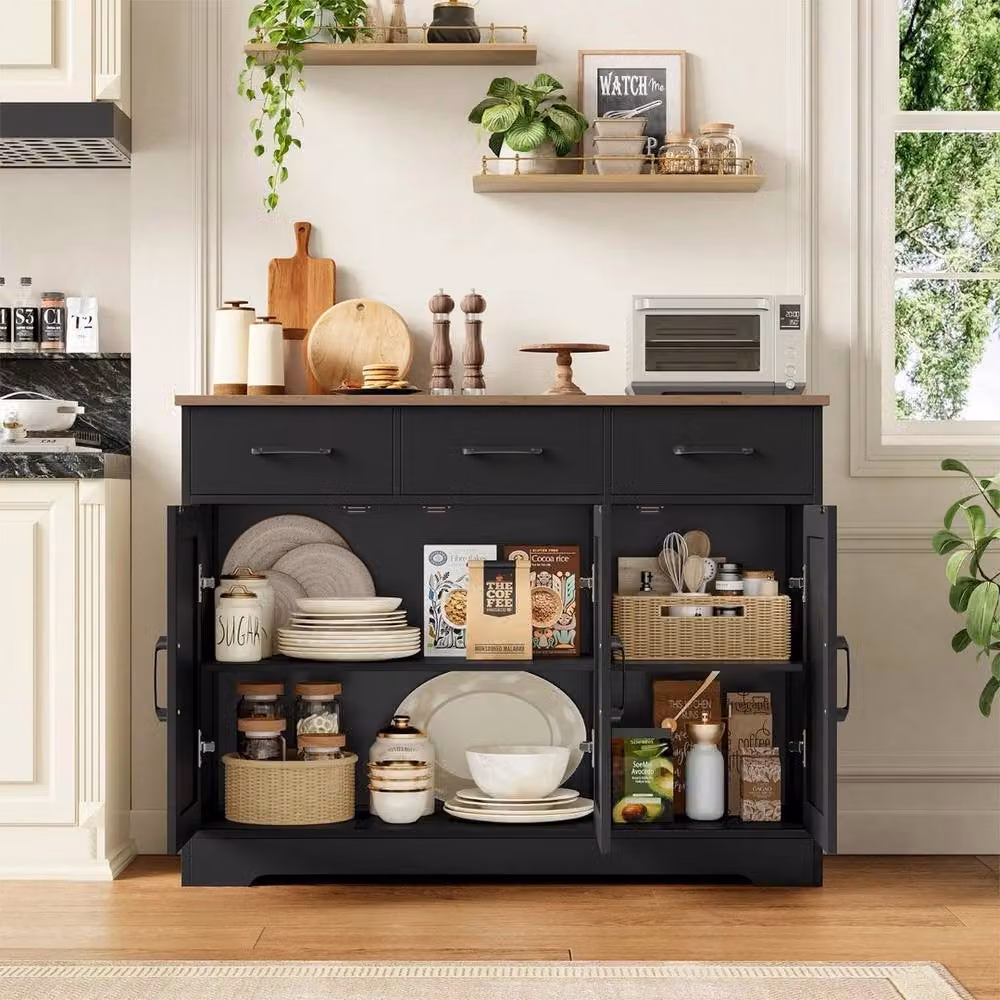 PAWNORA Modern Kitchen Cabinet with 3 Drawers and 3 Doors in Black and Brown – 4