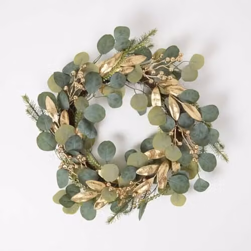 Homescapes Green and Gold Eucalyptus Christmas Wreath, Diameter: 56 cm