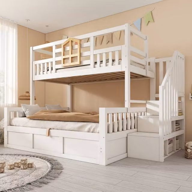 Rolipo Kids Bunk Bed in White Solid Wood with Hydraulic Storage and Stairs