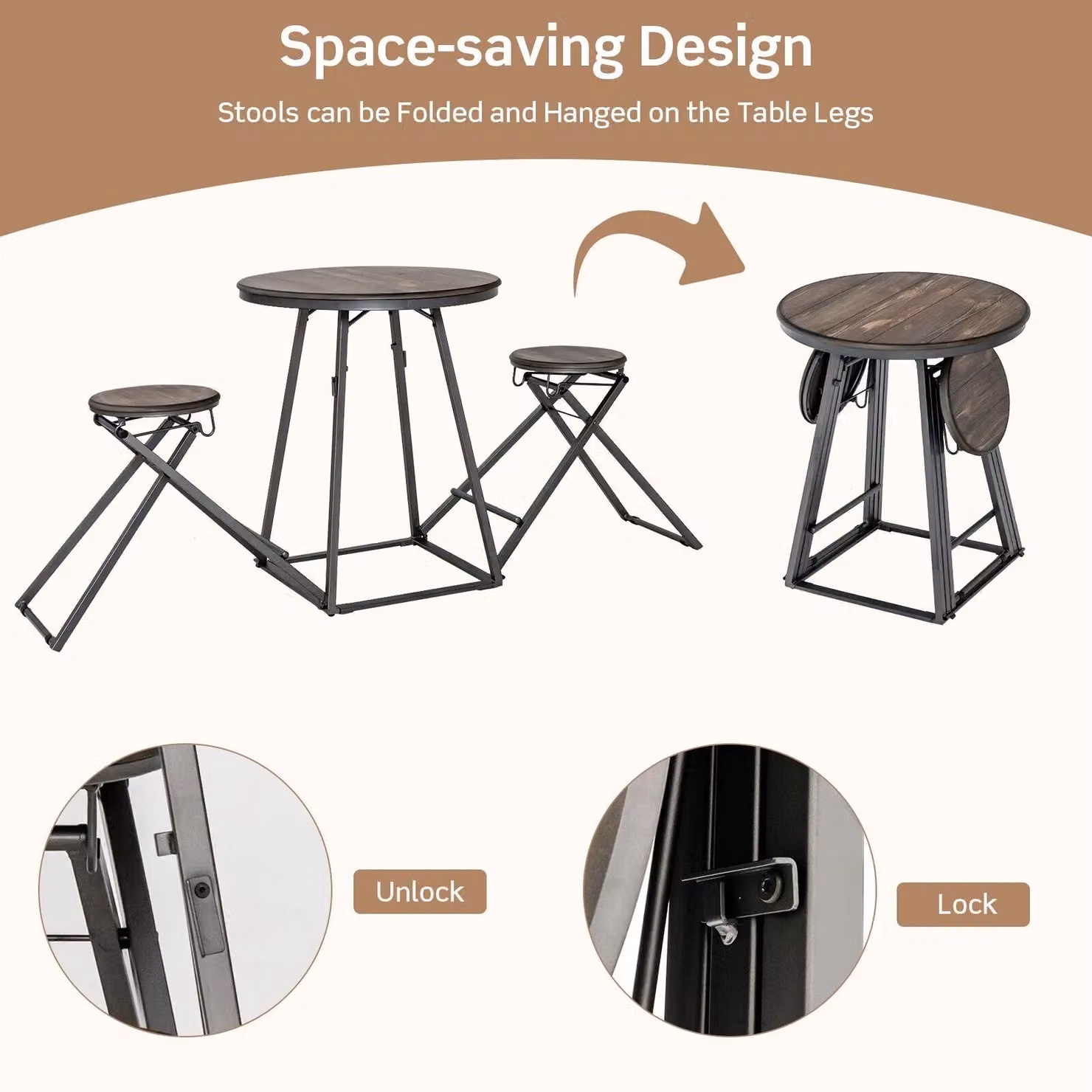 Costway 3-Piece Round Dining Bar Table and 2 Foldable Stools Set in Grey – 3