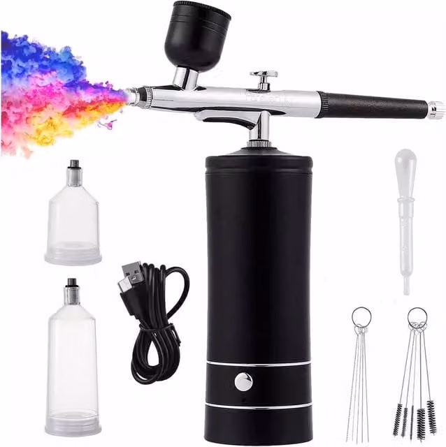 FLAVORA Cordless Rechargeable Electric Handheld Airbrush Kit with Compressor in Black