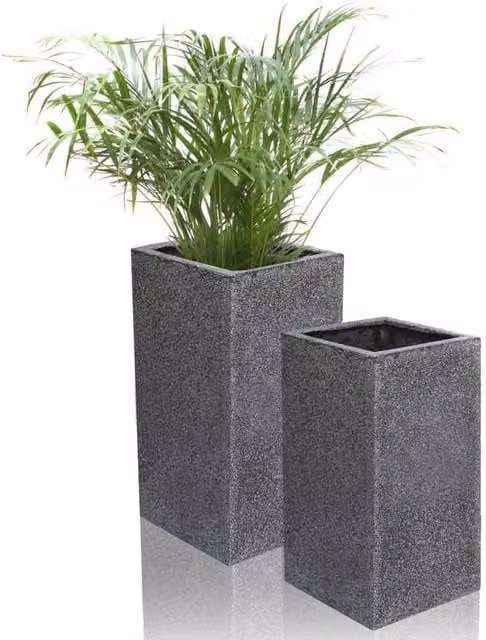 Primrose Black Poly Terrazzo Stone Tall Cube Outdoor Planter Set of 2 in Grey, H60cm and H79cm