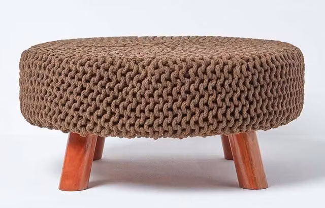 Homescapes Large Round Cotton Knitted Footstool on Legs in Brown