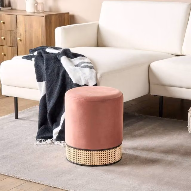 Wyld and Coco Pink Velvet Boho Round Ottoman with Natural Rattan Weave Base, W/D/H: 35 x 35 x 42 cm
