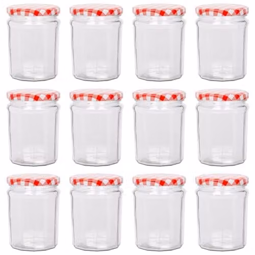 Argon Tableware Glass Jam Jars with Airtight Red Gingham Lids, 380ml, Pack of 12 – 1