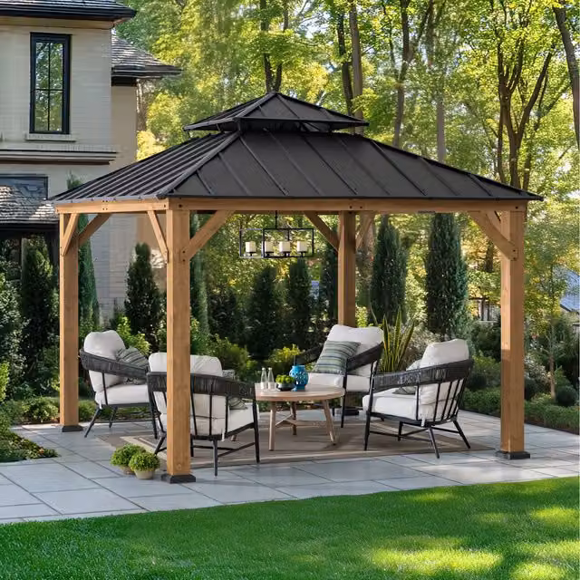 Sunjoy Anthracite Outdoor Wooden and Steel Hardtop Gazebo with Gable Roof W/D/H: 330 x 330 x 330 cm