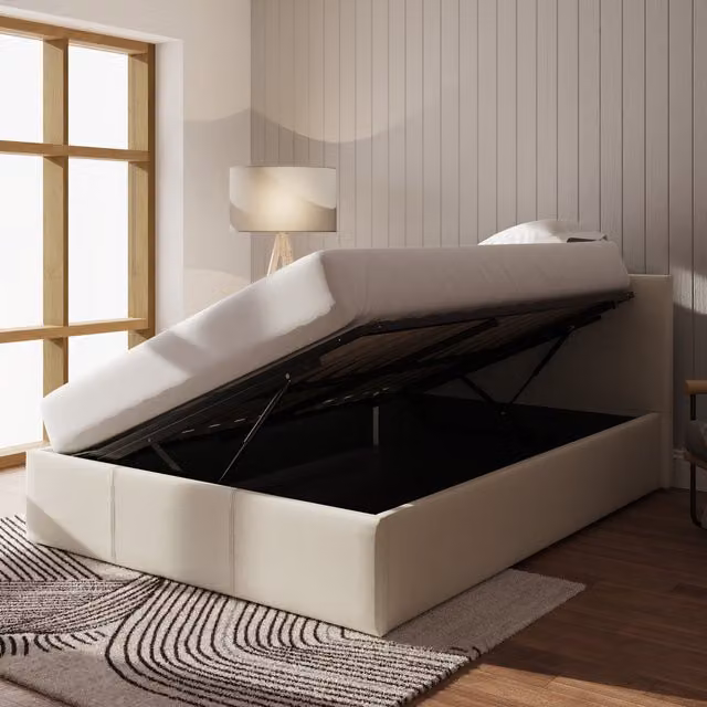 GFW Side Lift Ottoman Bed in Beige Fabric, Small Double, W/D/H: 120 x 200 cm