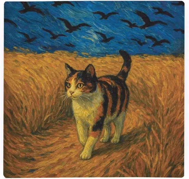 Purely Home Van Gogh Wheatfields Calico Cat Large Square Glass Worktop Protector and Chopping Board in Orange and Multicolour