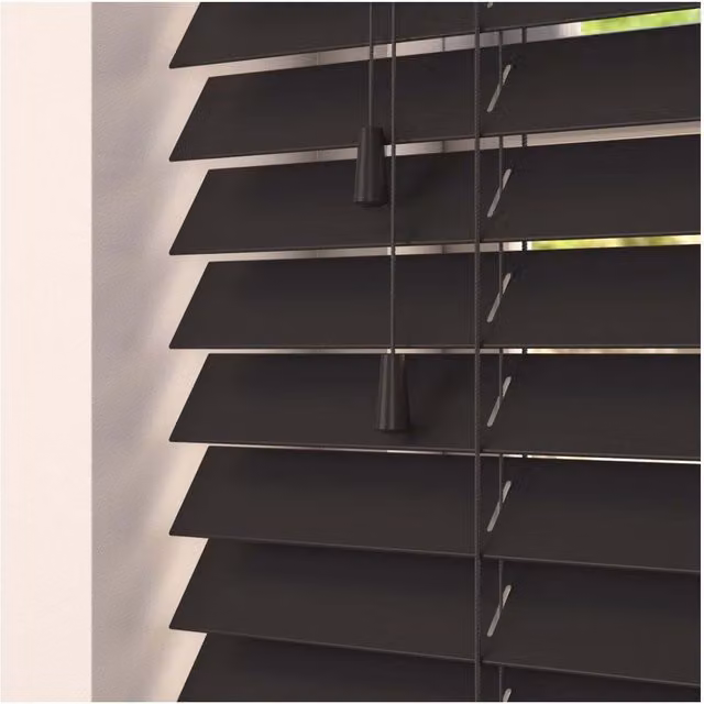 NewEdgeBlinds Smooth Finish Faux Wood Venetian Blinds with Cord in Black, W: 130 cm, H: 120 cm