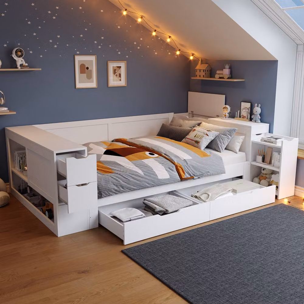 STILVORA Modern Double Bed Frame with Drawers and Bedside Shelf, White, W: 135 cm, D: 190 cm, H: 60 cm – 4
