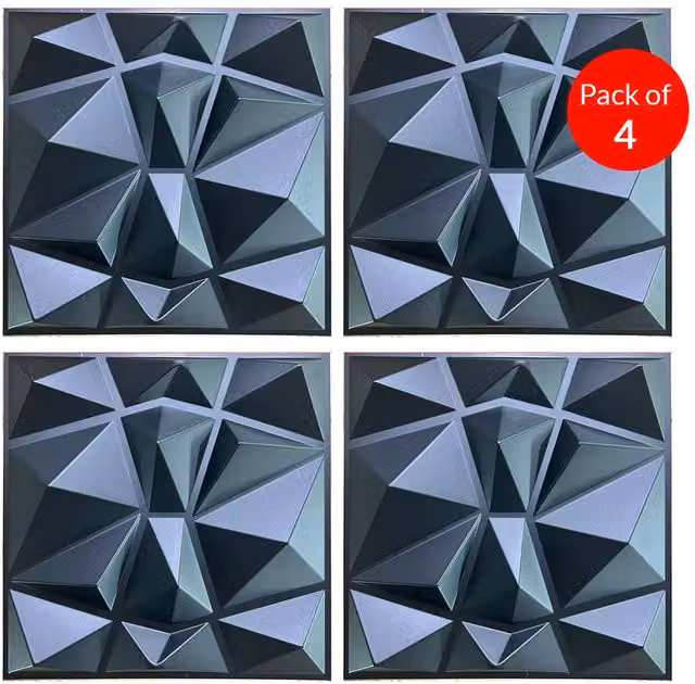 ENER-J 3D PVC Wall Panel with Faceted Diamond Design in Black, Pack of 4, W: 50 x 50 cm, D: 0.1 cm – 1