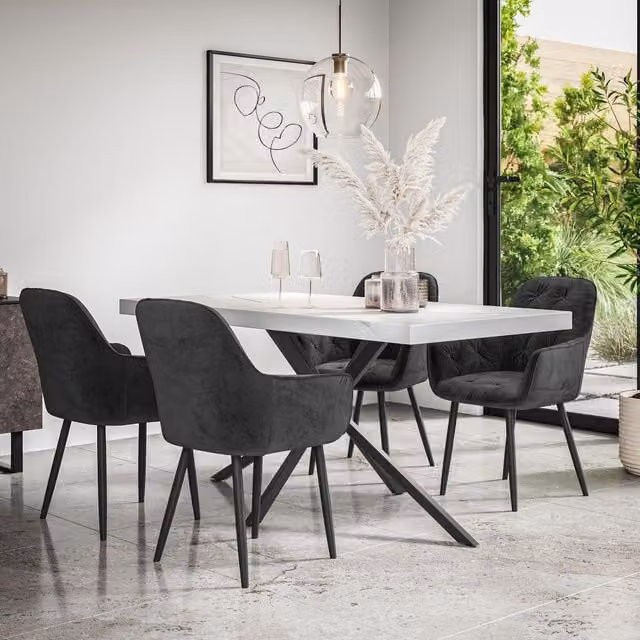 More4Homes Donni Dining Table and Anika Velvet Dining Chair Set, White Marble Effect Top with Black Legs and 4 Chairs, W/D/H: 160 x 80 x 76 cm