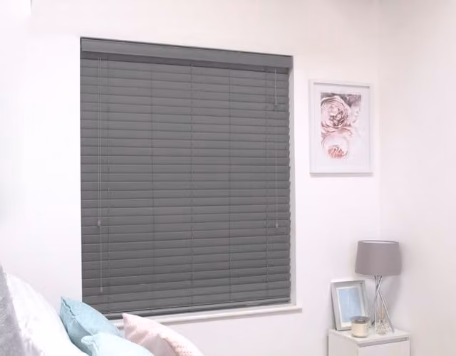 Caecus Real Wood Venetian Blinds with 50mm Slats in Grey, Width: 195 cm
