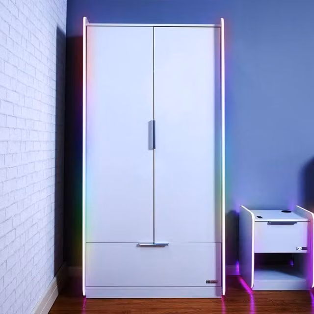 X Rocker Electra 2 Door Wardrobe with Drawer and Shelf in White Glossy Finish with Integrated LED Lighting
