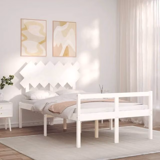 Berkfield Home Beautiful Solid Wood Pine Bed Frame with Headboard in White, W/D/H: 140.5 x 200 x 81 cm