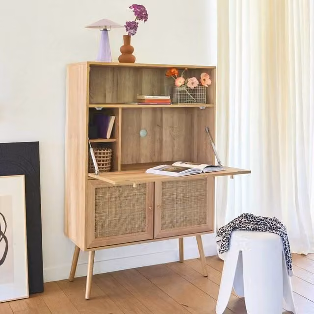 sweeek Mid-Century Secretary Writing Desk with Shelves and 2 Doors in Brown, W/D/H: 138.0 x 35.6 x 90.0 cm – 1