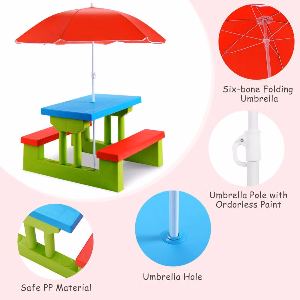Costway Kids Picnic Table and Bench Set with Removable Umbrella in Multicolour – 4