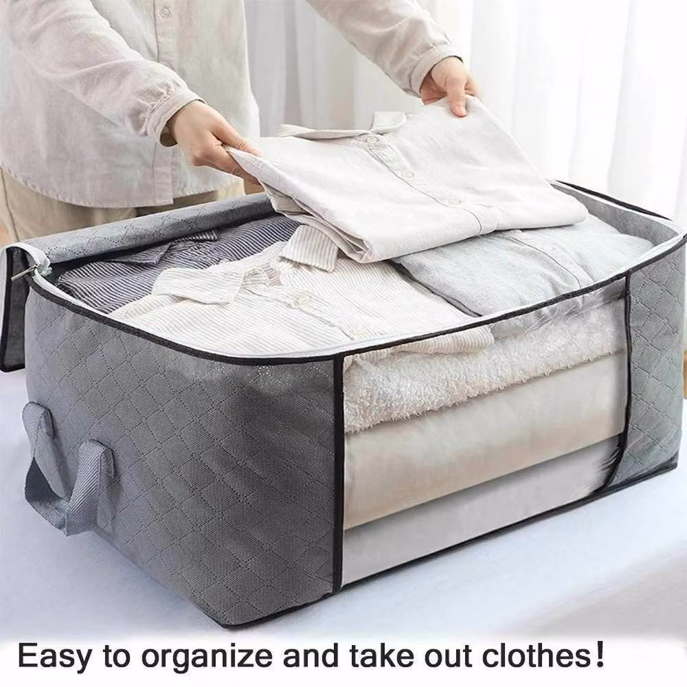KORVIXA Set of 3 Fabric Clothes Storage Bags with Zips and Handles in Grey, 90 x 90 cm – 3