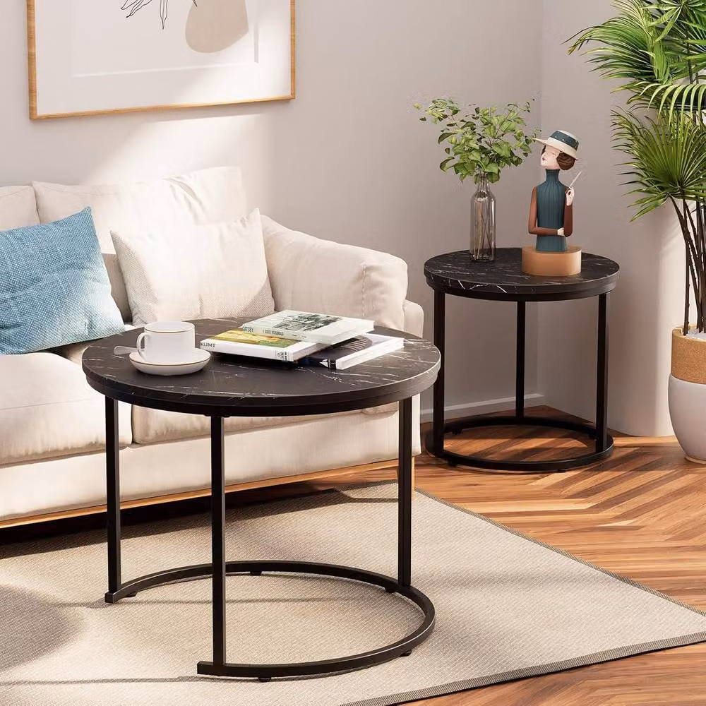 Huhote Set of 2 Round Nesting Coffee and Side Tables with Black Marble Finish and Metal Sled Base – 6