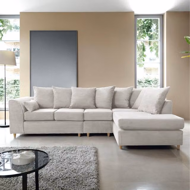 Abakus Direct Large Right Corner L-Shape Jumbo Cord Sofa in White with Scatter Cushions