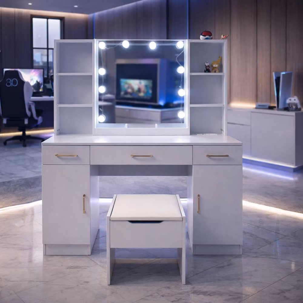 Harmin Modern White Glossy Dressing Table with LED Mirror, Stool, USB and Power Socket – 2