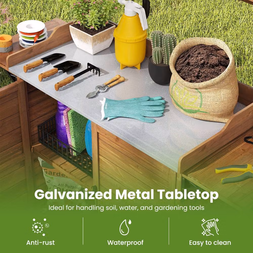 Gymax Outdoor Potting Bench Planting Workbench with Storage Cabinet in Brown – 3