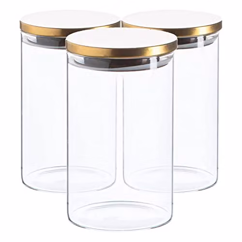 Argon Tableware Scandi Airtight Glass Storage Jars with Gold Metal Lids, 1 Litre, 3 Pack – 1