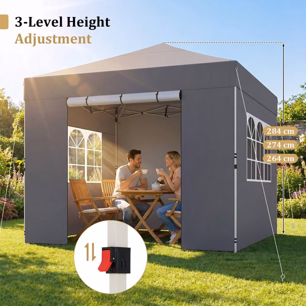 Gymax Grey Pop Up Commercial Gazebo with 4 Sidewalls, W: 300 cm, D: 300 cm, H: 284 cm – 3