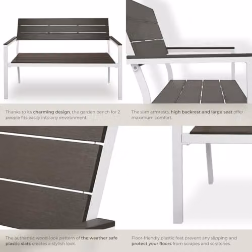 tectake Line 2-Seater Garden Bench with Metal Frame, W/D/H: 128 x 59 x 88 cm in Grey – 6
