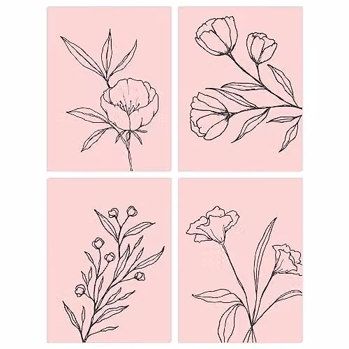 Wee Blue Coo Set of 4 Minimalist Wildflower Outline Paper Posters, Black on Pastel Pink, W/H: 21.0 x 29.7 cm