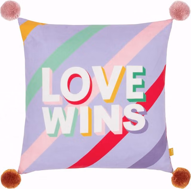 Make It A Home Love Wins Printed Velvet Cushion in Pink, Purple and Multicolour