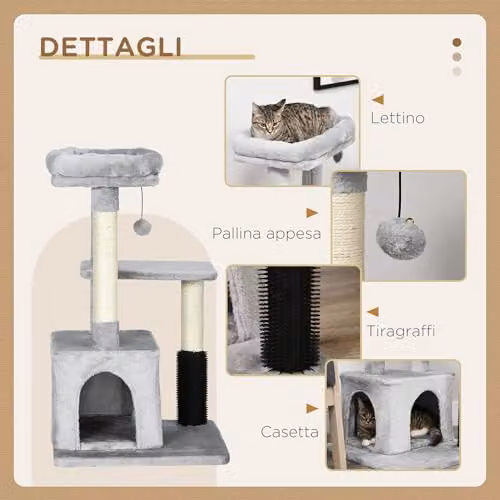 PawHut Grey Cat Tree with Condo, Cave, and Integrated Toys, H 85 cm x W 48 cm x D 48 cm – 3