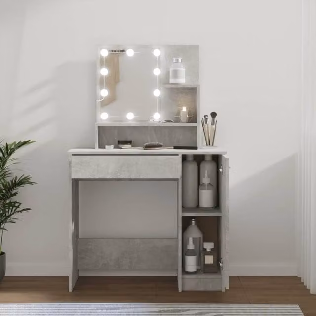 Berkfield Home Modern Dressing Table with Hollywood LED in Concrete Grey, W: 86.5 cm, D: 35 cm, H: 136 cm