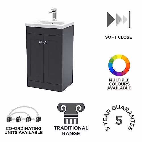 nuie Classique Traditional Bathroom Floor Standing 2 Door Unit and Mid-Edge Ceramic Basin, Soft Black, W: 50.5 cm, D: 39.5 cm, H: 81.8 cm – 2