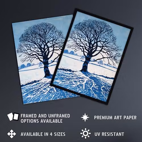 Artery8 Winter Oak Tree Silhouette Snow Field Landscape Framed Wall Art Print, White and Blue, W: 29.7 cm, H: 32.3 cm – 2