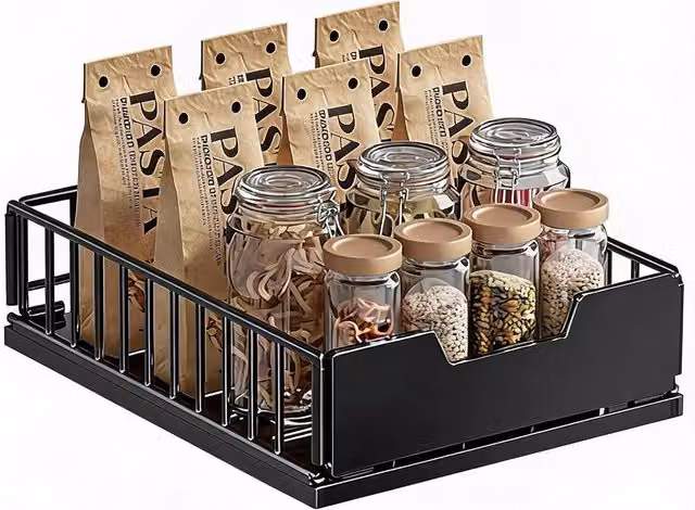 London Boutique Adjustable Metal Pull Out Kitchen Drawer Organizer Basket, Black