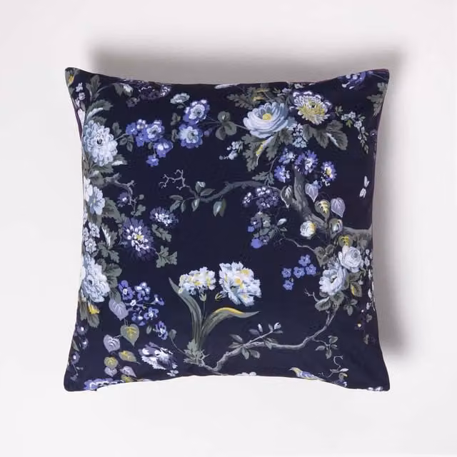 Homescapes Floral Midnight Garden Purple Filled Velvet Square Cushion, 46 x 46 cm