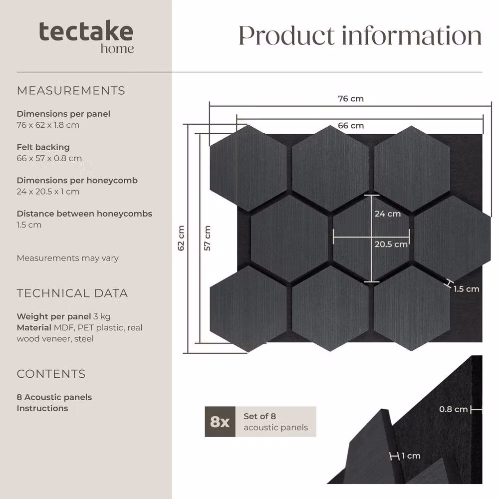 tectake Sound-Absorbing Felt Acoustic Panels in Black Oak Wood Look, W/H: 62 x 76 cm – 6