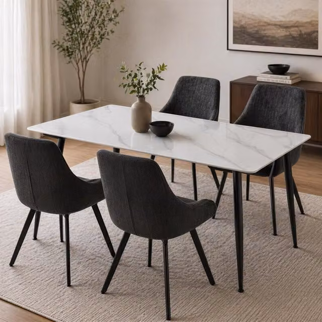 FWStyle 5 Piece Modern Dining Set with White Sintered Stone Rectangular Table and Black Swivel Chairs
