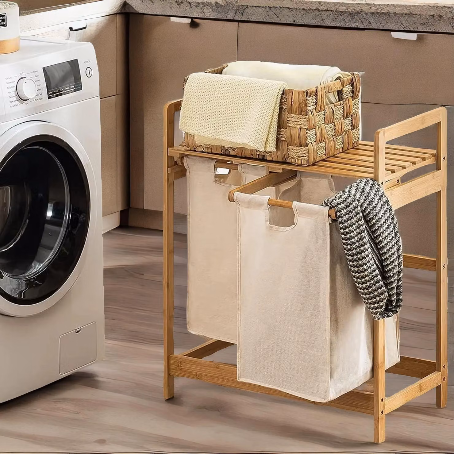 Rafaelo Mobilia Beige Pull Out Double Laundry Basket with Shelf and Removable Fabric Bags in Natural – 2