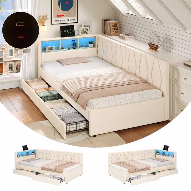Matteo Upholstered Single Daybed with Two Storage Drawers, Beige, W/D/H: 90 x 190 cm