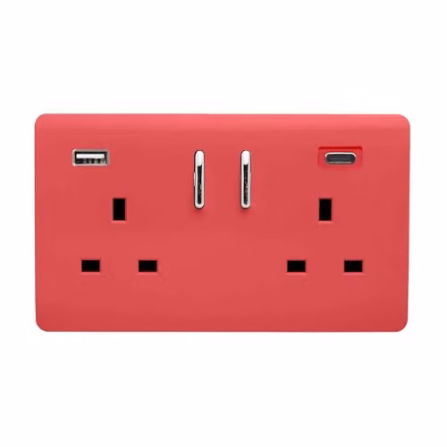 Trendi 2 Gang 13 Amp Flush Socket with 2 x Type A & C 3.1A USB Ports in Strawberry Red – 1