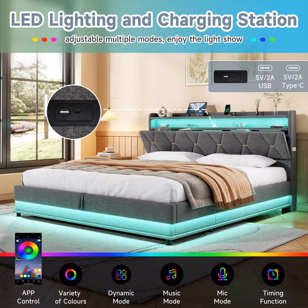BTM Super King Upholstered Ottoman Bed Frame in Grey with LED Under-bed Lighting, USB Charging Port and Bedside Shelf, W/D/H: 180 x 200 x 111 cm – 2