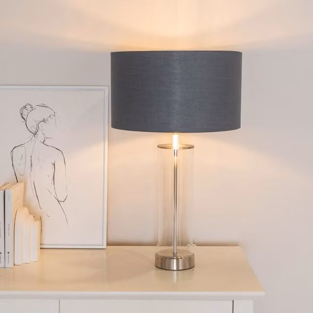 ValueLights Balan Glass and Chrome Table Lamp with Anthracite Inner Shade and Warm White LED Bulb – 1