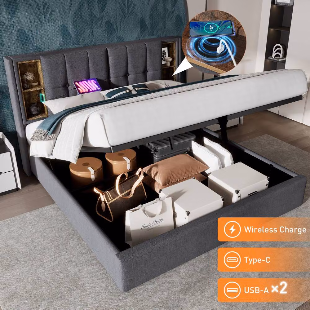 Rolipo Grey Linen Super King Size Bed with Hydraulic Storage and USB Charging Ports W/D/H: 180 x 200 cm – 3