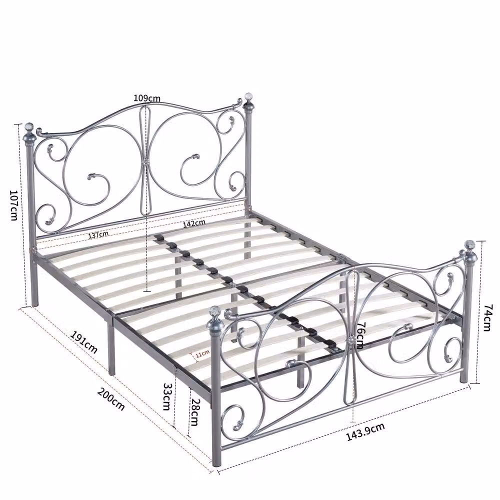 SquareBoxx Sofia Double Metal Scrollwork Crystal Finials Bed Frame in Silver – 2