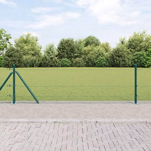 Berkfield Home Green Steel Welded Wire Fence with 13 Flanged Posts, W/H: 0.4 x 25 m