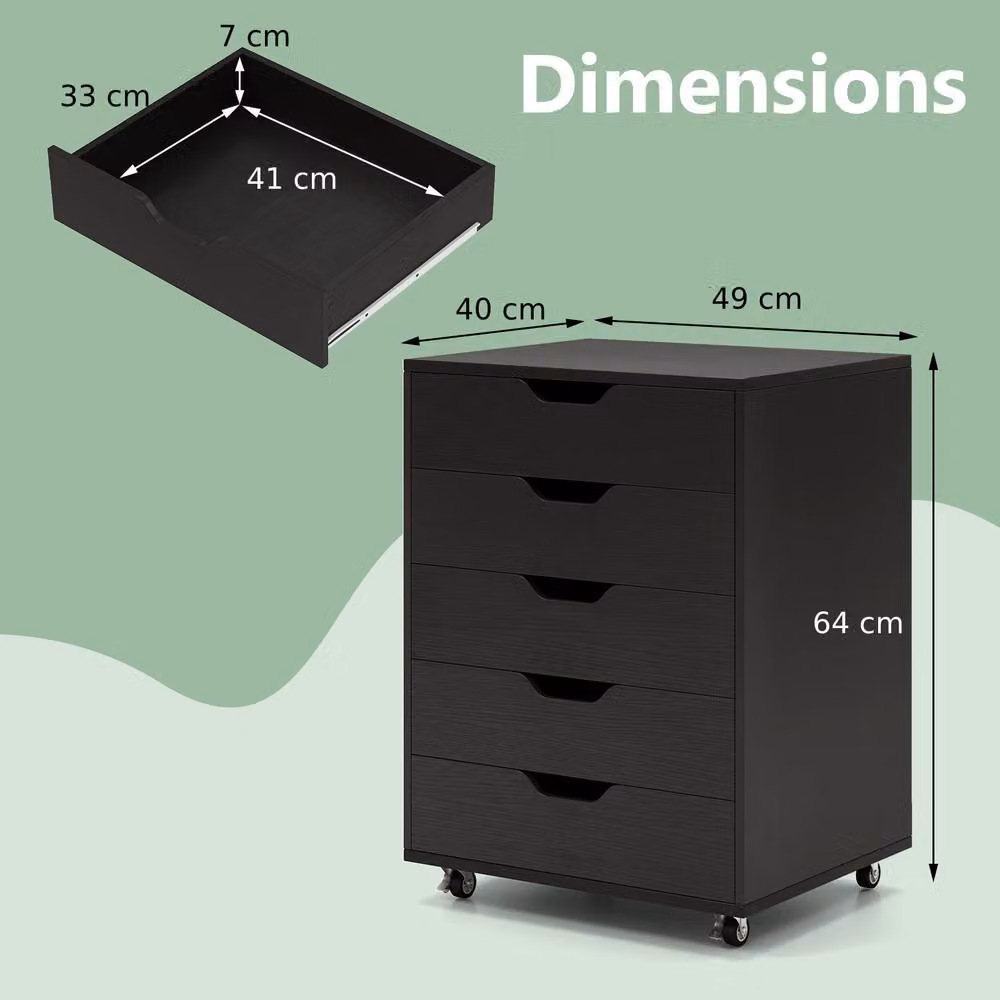 Costway 5 Drawer Rolling Storage Cabinet Black Wooden Mobile Chest of Drawers – 2